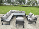 Fimous 11 Seater Aluminium Sofa Set 10 Pieces Outdoor Garden Furniture - Rising Dining Table with Cushions Big Footstool 3 Chairs Footstool Dark Grey