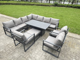 Fimous 11 Seater Aluminium Sofa Set 10 Pieces Outdoor Garden Furniture - Rising Dining Table with Cushions Big Footstool 3 Chairs Footstool Dark Grey