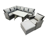 Fimous 8 Seater High Back Rattan Garden Furniture Set Corner Sofa With Oblong Dining Table Footstool With Arm Chair