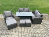 Fimous Rattan Furniture Garden Dining Set Outdoor Height Adjustable Rising lifting Table Love Sofa Chair With 3 Footstools