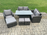 Fimous Rattan Furniture Garden Dining Set Outdoor Height Adjustable Rising lifting Table Love Sofa Chair With 3 Footstools