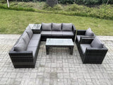 Fimous 8 Seater Rattan Corner Sofa Set With Square Side Table And Oblong Rectangular Coffee Tea Table 2 PC Arm Chair Dark Grey Mixed