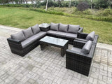 Fimous 8 Seater Rattan Corner Sofa Set With Square Side Table And Oblong Rectangular Coffee Tea Table 2 PC Arm Chair Dark Grey Mixed