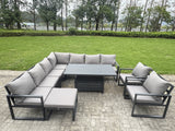 Fimous 10 Seater Aluminium Sofa Set 9 Pieces Outdoor Garden Furniture - Rising Dining Table with Cushions Big Footstool 2 Chair Footstool Dark Grey
