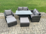 Fimous 7 Seater Rattan Furniture Garden Dining Set Outdoor Height Adjustable Rising lifting Table Love Sofa Chair With 2 Big Footstool