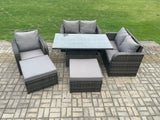 Fimous 7 Seater Rattan Furniture Garden Dining Set Outdoor Height Adjustable Rising lifting Table Love Sofa Chair With 2 Big Footstool