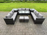 Fimous Wicker PE Rattan Outdoor Furniture Lounge Sofa Garden Dining Set with Dining Table 2 Side Tables 2 Small Footstools Dark Grey Mixed