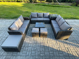Fimous 12 Seater Rattan Outdoor Furniture Set Patio Garden Sofa Set with Square Coffee Table 3 Seater Sofa 3 Footstools Side Table Dark Grey Mixed