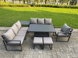Fimous Aluminium Garden Furniture Sets,9 Seater Outdoor Sofa Dining Set with Adjustable Rising Lifting Dining Table Side Table 2 Small Footstools for Yard,Poolside, Patio, Dark Grey