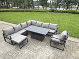 Fimous 9 Seater Aluminium Sofa Set 8 Pieces Outdoor Garden Furniture - Rising Dining Table with Cushions Chair Big Footstool Dark Grey