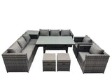 Fimous Outdoor Corner Sofa Chair Dining Table Set Garden Rattan Furniture Set 10 Seater with Side Table 2 Small Stool Dark Grey
