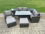 Fimous Wicker PE Rattan Furniture Garden Dining Set Outdoor Height Adjustable Rising lifting Table Love Sofa With Reclining Chair 2 Side Tables 2 Big Footstool