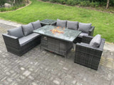 Fimous 7 Seater Rattan Garden Furniture Sofa Set Outdoor Patio Gas Fire Pit Dining Table Gas Heater Burner With Armchair Side Table Dark Grey Mixed