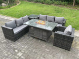 Fimous 7 Seater Rattan Garden Furniture Sofa Set Outdoor Patio Gas Fire Pit Dining Table Gas Heater Burner With Armchair Side Table Dark Grey Mixed