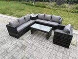 Fimous 7 Seater Rattan Corner Sofa Set With Square Side Table And Oblong Rectangular Coffee Tea Table Arm Chair Dark Grey Mixed