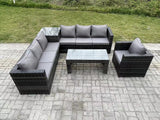 Fimous 7 Seater Rattan Corner Sofa Set With Square Side Table And Oblong Rectangular Coffee Tea Table Arm Chair Dark Grey Mixed