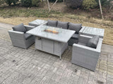 Fimous Light Grey Corner Rattan Garden Furniture Set Gas Fire Pit Heater Burner Lounge Sofa With 2 Side Coffee Table And Armchairs