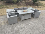 Fimous Light Grey Corner Rattan Garden Furniture Set Gas Fire Pit Heater Burner Lounge Sofa With 2 Side Coffee Table And Armchairs
