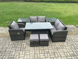 Fimous Wicker PE Rattan Furniture Garden Dining Set Outdoor Height Adjustable Rising lifting Table Love Sofa With Reclining Chair 2 Side Tables 2 Small Footstools