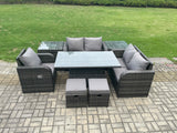 Fimous Wicker PE Rattan Furniture Garden Dining Set Outdoor Height Adjustable Rising lifting Table Love Sofa With Reclining Chair 2 Side Tables 2 Small Footstools