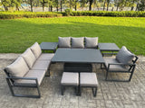 Fimous Aluminium Garden Furniture Sets,9 Seater Outdoor Sofa Dining Set with Adjustable Rising Lifting Dining Table 2 Side Tables 2 Small Footstools for Yard,Poolside, Patio, Dark Grey