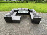 Fimous 10 Seater Wicker PE Rattan Outdoor Furniture Lounge Sofa Garden Dining Set with Dining Table 2 Side Tables Big Footstool Dark Grey Mixed