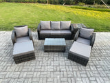 Fimous 7 Seater Rattan Garden Furniture Set Patio Outdoor Lounge Sofa Set with Rectangular Coffee Table 2 Big Footstool 3 Seater Sofa Side Table Dark Grey Mixed