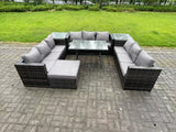 Fimous 10 Seater Wicker PE Rattan Outdoor Furniture Lounge Sofa Garden Dining Set with Dining Table 2 Side Tables Big Footstool Dark Grey Mixed