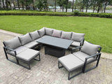 Fimous 10 Seater Aluminium Sofa Set 9 Pieces Outdoor Garden Furniture - Rising Dining Table with Cushions 2 Big Footstools Dark Grey