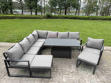 Fimous 10 Seater Aluminium Sofa Set 9 Pieces Outdoor Garden Furniture - Rising Dining Table with Cushions 2 Big Footstools Dark Grey