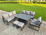 Fimous Aluminium Garden Furniture Sets,9 Seater Outdoor Sofa Dining Set with Adjustable Rising Lifting Dining Table 2 Small Footstools for Yard,Poolside, Patio, Dark Grey