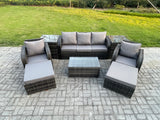 Fimous Rattan Garden Furniture Set Patio Outdoor Lounge Sofa Set with Rectangular Coffee Table 2 Big Footstool 3 Seater Sofa 2 Side Tables Dark Grey Mixed