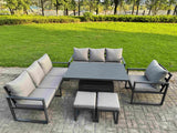 Fimous Aluminium Garden Furniture Sets,9 Seater Outdoor Sofa Dining Set with Adjustable Rising Lifting Dining Table 2 Small Footstools for Yard,Poolside, Patio, Dark Grey