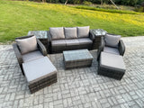 Fimous Rattan Garden Furniture Set Patio Outdoor Lounge Sofa Set with Rectangular Coffee Table 2 Big Footstool 3 Seater Sofa 2 Side Tables Dark Grey Mixed