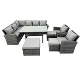 Fimous 11 Seat Rattan High Back Corner Sofa Set Patio Dining Table Set with 3 Stools 2 Chair Dark Grey Mixed