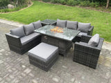 Fimous Rattan Garden Furniture Sofa Set Outdoor Patio Gas Fire Pit Dining Table Gas Heater Burner With Side Table Armchair Big Footstool 8 Seater Dark Grey Mixed