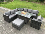 Fimous Rattan Garden Furniture Sofa Set Outdoor Patio Gas Fire Pit Dining Table Gas Heater Burner With Side Table Armchair Big Footstool 8 Seater Dark Grey Mixed