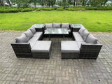 Fimous 11 Seater Wicker PE Rattan Outdoor Furniture Lounge Sofa Garden Dining Set with Dining Table 2 Side Tables 2 Big Footstools Dark Grey Mixed