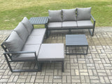 Fimous Aluminium 5 Pieces Garden Furniture Sofa Set with Cushions 7 Seater Outdoor Patio Set with Square Coffee Table Big Footstool Side Table Dark Grey