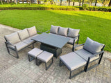 Fimous Garden Aluminium Furniture Set Dark Grey 10 Seater Outdoor Patio Adjustable Rising Lifting Dining Table with 3 Footstools Dark Grey