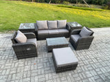 Fimous Outdoor Rattan Garden Furniture Set Patio Lounge Sofa Set with Reclining Chair Rectangular Coffee Table 2 Side Tables Big Footstools Dark Grey Mixed