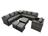 Fimous 9 Seater Garden Outdoor Rattan Furniture Set Patio Corner Sofa Coffee Table with Side Table 2 Small Stool Dark Grey