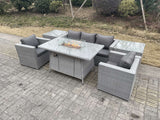 Fimous Light Grey Corner Rattan Garden Furniture Set Gas Fire Pit Heater Burner Lounge Sofa With 2 Side Coffee Table And Armchairs