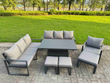 Fimous Garden Aluminium Furniture Set Dark Grey 10 Seater Outdoor Patio Adjustable Rising Lifting Dining Table with 3 Footstools Dark Grey