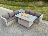 Fimous Light Grey Corner Rattan Fire Pit Garden Furniture Set Gas Heater Burner Lounge Sofa Dining Table With Side Coffee Table