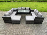 Fimous 11 Seater Rattan Outdoor Furniture Lounge Sofa Garden Dining Set with Dining Table Side Table 2 Big Footstools Dark Grey Mixed