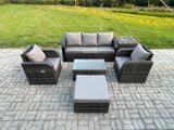 Fimous Outdoor Rattan Garden Furniture Set 6 Seater Patio Lounge Sofa Set with Reclining Chair Rectangular Coffee Table Big Footstool Side Table Dark Grey Mixed