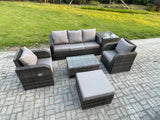 Fimous Outdoor Rattan Garden Furniture Set 6 Seater Patio Lounge Sofa Set with Reclining Chair Rectangular Coffee Table Big Footstool Side Table Dark Grey Mixed
