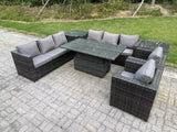 Fimous Wicker PE Garden Furniture Rattan Sofa Set Outdoor Adjustable Rising Lifting Dining Table Set with 2 Armchairs 2 Side Tables Dark Grey Mixed