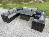 Fimous Wicker PE Garden Furniture Rattan Sofa Set Outdoor Adjustable Rising Lifting Dining Table Set with 2 Armchairs 2 Side Tables Dark Grey Mixed